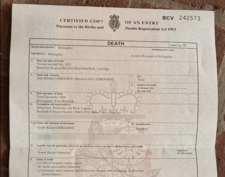Ozzy Osbourne's Cause of Death Revealed, See His Death Certificate